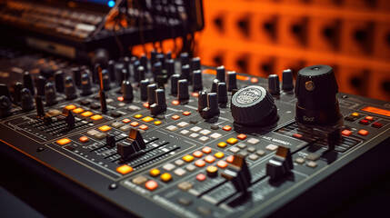 Fototapeta na wymiar Professional microphone and sound mixer in radio station studio. Generative Ai