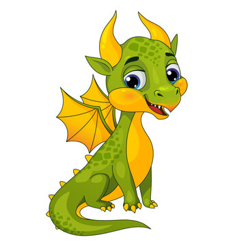 recommend clip art: Cute little green dragon, cartoon vector illustration