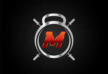 English alphabet M with gym and fitness sign. Lifting vector logo design. Vector logo for bodybuilding