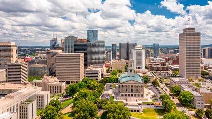 Aerial view of Nashville Capitol and skyline on a sunny day. Nashville is the capital and most populous city of Tennessee, and a major center for the music industry - 599930329