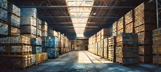 a warehouse with lots of pallets in a blue and white background - obrazy, fototapety, plakaty