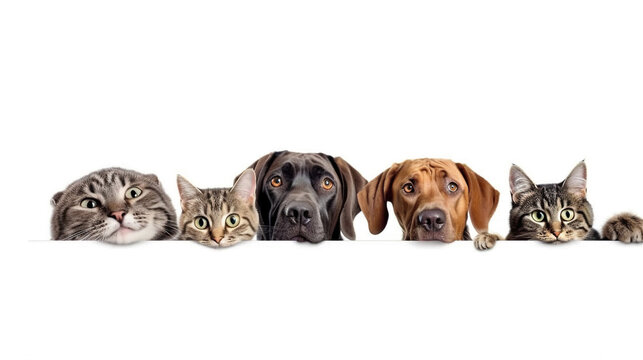 Dogs and cats peeking over web banner isolated white background. Al generated