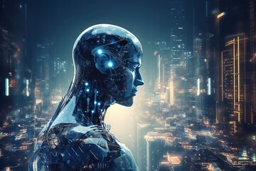 Ai technology, future technology, future visual illustration, business people, big data, virtual representation, ai generated, 3D, ai head