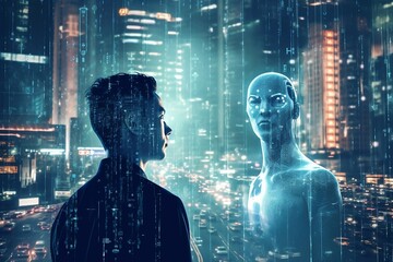 Ai technology, future technology, future visual illustration, business people, big data, virtual representation, ai generated, 3D, ai head