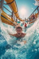 Child enjoying huge water slide. Generative AI