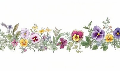  a drawing of a row of flowers with green leaves and purple and yellow flowers.  generative ai