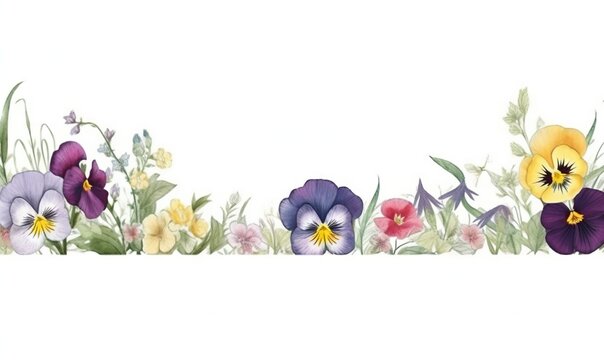  a row of pansies with green leaves and purple flowers.  generative ai