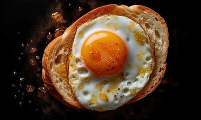  a fried egg on top of a piece of bread on a black surface.  generative ai