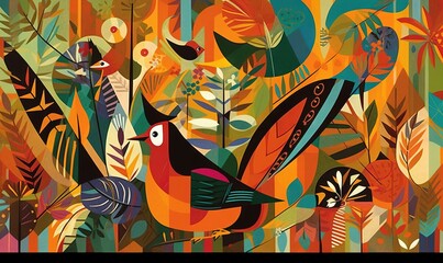  a colorful painting of birds and plants on a colorful background.  generative ai