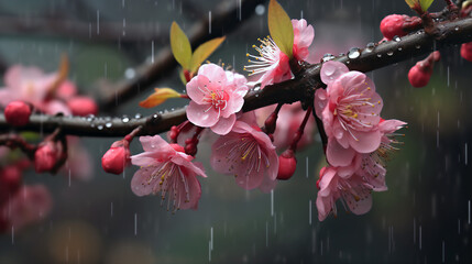 Pink cherry blossom Flowers with Rain Drops
