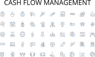 Cash flow management line icons collection. Management, Coordination, Organization, Operation, Control, Efficiency, Communication vector and linear illustration. Strategy,System,Personnel outline