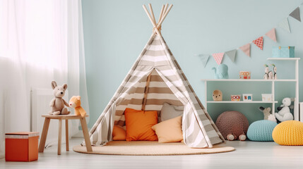 Minimal background image of cute kids room interior with play tent and decor in pastel colors, copy space. generative ai