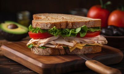  a cut in half sandwich sitting on top of a cutting board.  generative ai