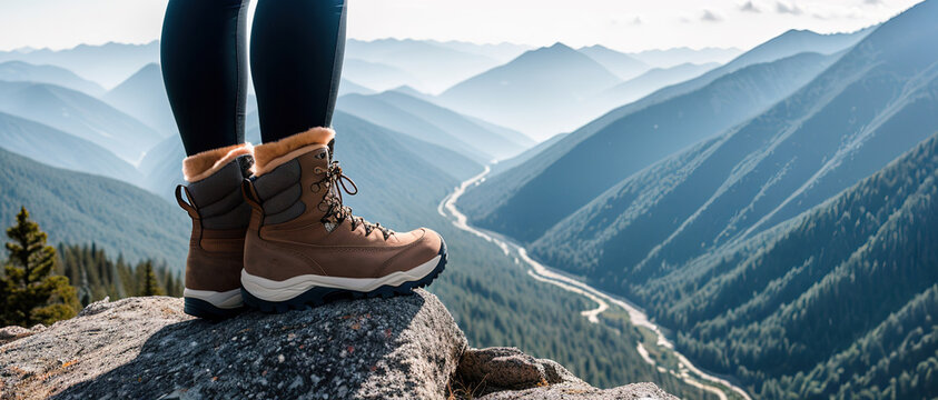 Close-up of the trekking shoes of a hiker crossing a mountainous area at the top of a hill. Generative AI.
