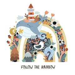 follow the rainbow. cartoon rainbow, whale, decor elements. Colorful illustration for kids. flat style, doodle quote. design for baby shower cards, prints	