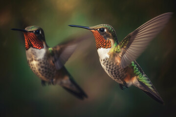 Fototapeta premium Animal, wildlife and nature concept. Colorful and beautiful close-up view of two flying hummingbirds. Generative AI
