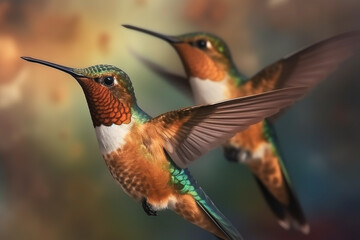 Fototapeta na wymiar Animal, wildlife and nature concept. Colorful and beautiful close-up view of two flying hummingbirds. Generative AI