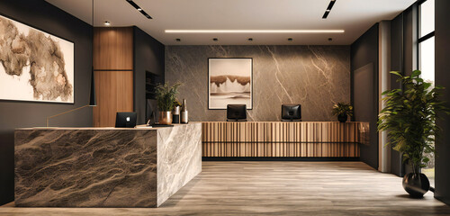 the modern reception area in an office has a gray wall and wooden floors
