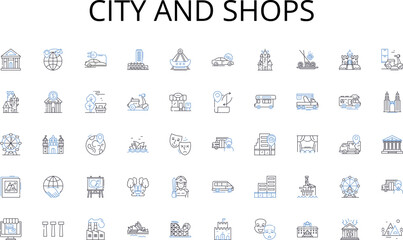 City and shops line icons collection. Health, Relaxation, Balance, Happiness, Satisfaction, Joy, Peace vector and linear illustration. Energy,Vitality,Serenity outline signs set