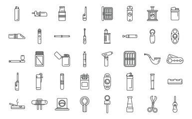Cigarette and cigar accessories icons set outline vector. Box cutter. Pack burn