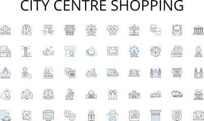 Fototapeta na wymiar City centre shopping line icons collection. Cleaning, Sanitation, Disinfection, Maintenance, Hygiene, Sweeping, Mopping vector and linear illustration. Scrubbing,Dusting,Vacuuming outline signs set