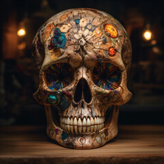 A human skull with many colorful flowers and stones on it Generative Ai