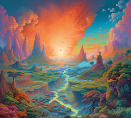 Obraz na płótnie Canvas A colorful psychedelic landscape with mountains and a river Generative Ai