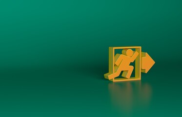 Orange Fire exit icon isolated on green background. Fire emergency icon. Minimalism concept. 3D render illustration