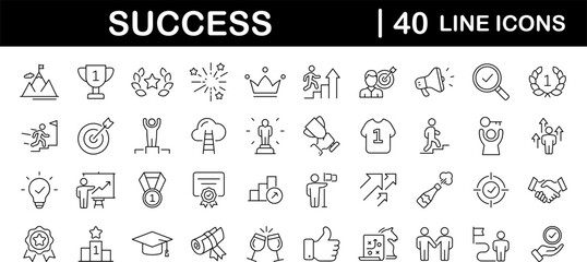 Success set of web icons in line style. Goals and Target icons for web and mobile app. Competition, awards, achievement, laurel branch, reward, winner, motivation, aim, plan and process