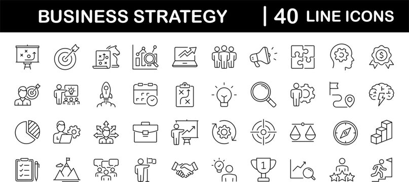 Business strategy set of web icons in line style. Business solutions icons for web and mobile app. Action List, research, solution, team, marketing, startup, advertising, business process, management
