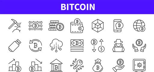 Bitcoin set of web icons in line style. Cryptocurrency icons for web and mobile app. Blockchain, crypto ICO, start up, crypto coins, mining, exchange, payment, blockchain. Vector illustration