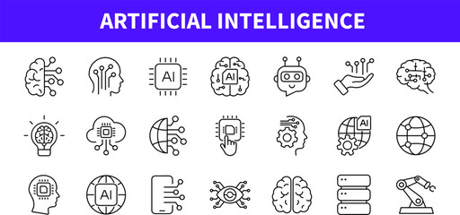 Artificial intelligence set of web icons in line style. AI technology icons for web and mobile app. Machine learning, digital AI technology, algorithm, smart robotic and cloud computing network