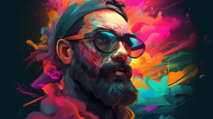 Man with glasses and beard in front of image of man's face. Generative AI.