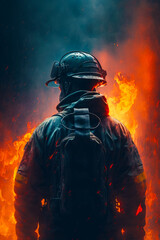 Firefighter standing in front of fire with his back to the camera. Generative AI.