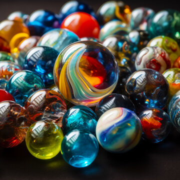 Pile of colorful marbles sitting on top of black counter top. Generative AI.