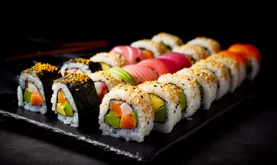 Foto auf Alu-Dibond Black plate topped with lots of different types of sushi on top of table. Generative AI. © Yuliia
