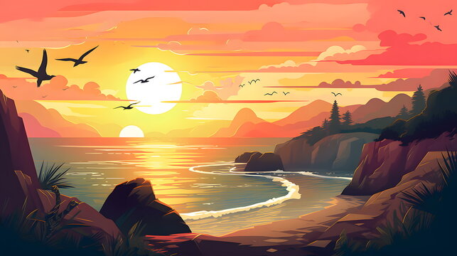 Image of sunset over the ocean with birds flying over the water. Generative AI.