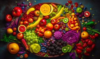 Obraz na płótnie Canvas Plate filled with lots of different types of fruits and veggies. Generative AI.
