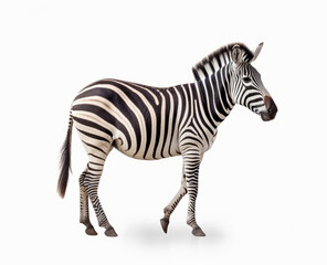 Fototapeta na wymiar Zebra standing on white surface with its head turned to the side. Generative AI.