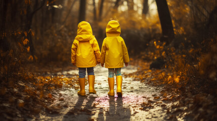 Two children in yellow raincoats walking down path in the woods. Generative AI.
