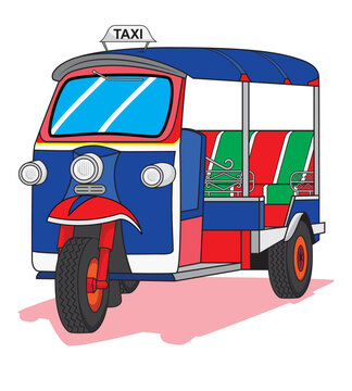 Tuk Tuk Thailand 3 wheels taxi drawing in colorful cartoon vector
