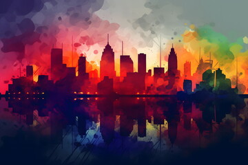 Fototapeta na wymiar Image of cityscape with colorful sky in the background. Generative AI.