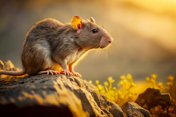 Rat sitting on top of rock next to field of yellow flowers. Generative AI.