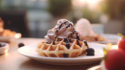 Close up of waffle with ice creams and mixed berries, copy space , concept for breakfast or dessert, blur background kitchen morning light. Generative AI