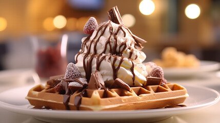 Close up of waffle with ice creams and mixed berries, copy space , concept for breakfast or dessert, blur background kitchen morning light. Generative AI