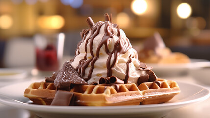 Close up of waffle with ice creams and mixed berries, copy space , concept for breakfast or dessert, blur background kitchen morning light. Generative AI