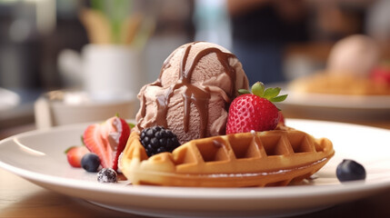 Close up of waffle with ice creams and mixed berries, copy space , concept for breakfast or dessert, blur background kitchen morning light. Generative AI