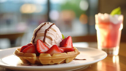 Close up of waffle with ice creams and mixed berries, copy space , concept for breakfast or dessert, blur background kitchen morning light. Generative AI