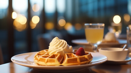 Close up of waffle with ice creams and mixed berries, copy space , concept for breakfast or dessert, blur background kitchen morning light. Generative AI