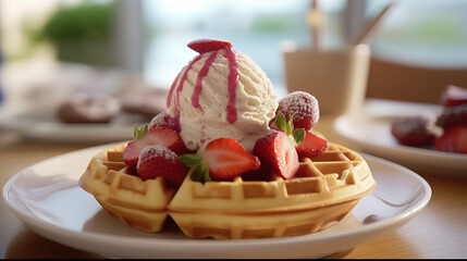 Close up of waffle with ice creams and mixed berries, copy space , concept for breakfast or dessert, blur background kitchen morning light. Generative AI